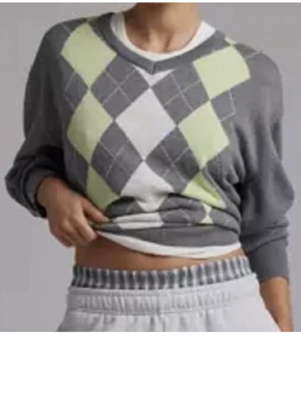 BDG Medium Sweater Tashi Argyle Oversized V-Neck Urban Outfitters Grey Green